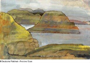 Konstruktive Gebirgslandschaft mit See und Insel (Schottland)