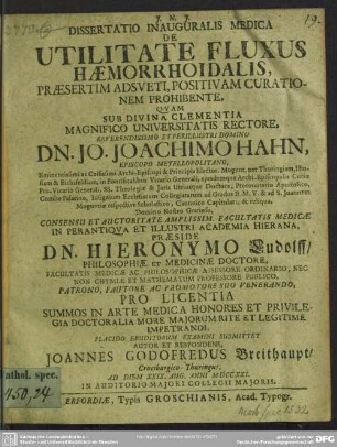Dissertatio Inauguralis Medica De Utilitate Fluxus Haemorrhoidalis, Praesertim Adsueti, Positivam Curationem Prohibente