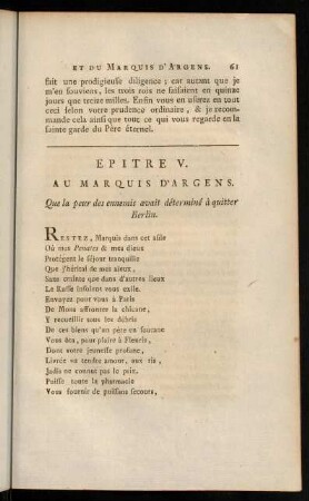 61-81, Epitre V. au Marquis D'Argens.-Lettre XXV. du Marquis D'Argens.