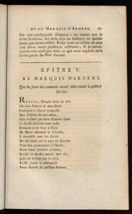 61-81, Epitre V. au Marquis D'Argens.-Lettre XXV. du Marquis D'Argens.