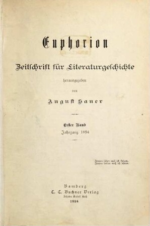 Euphorion : Zeitschrift für Literaturgeschichte. 1. 1894
