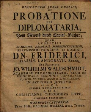 Dissertatio juris publici de probatione per diplomataria