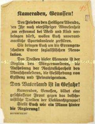 Flugblatt gegen den Spartakusbund und Aufruf an Soldaten zur Unterstützung der Regierung im Zuge der Revolution 1918/1919