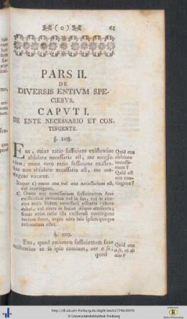 Pars II. De Diversis Entium Speciebus.