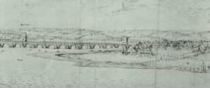 Neudresden und Altendresden von Osten gesehen : Dresden, Schloß und Elbbrücke, Feder