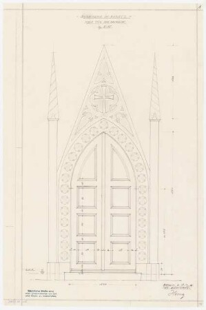 Dorfkirche, Paretz Denkmalpflege - Bauaufnahme und Entwurf für Umbaumaßnahmen: Detail 1:10: Ansicht der Eingangstür zum südlichen Querschiff (zur Sakristei)