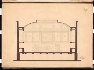 Preußisches Parlament, Berlin Schinkelwettbewerb 1859: Querschnitt durch Sitzungssaal des Landtages (Richtung zum Präsidenten); Maßstabsleiste