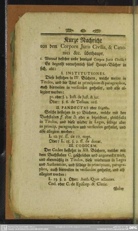 Kurze Nachricht von dem Corpore Juris Civilis, & Canonici &c. überhaupt
