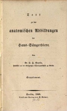 Anatomische Abbildungen der Haussäugethiere, [2,2]. Text zu den Anatomischen Abbildungen der Haus- Säugethiere ; Supplement