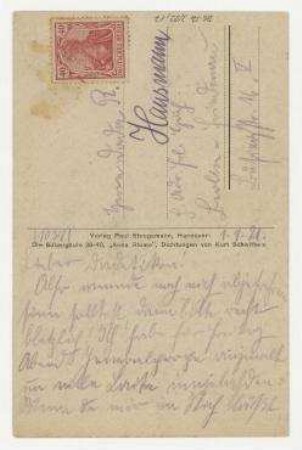 Postkarte von Kurt Schwitters an Raoul Hausmann mit Abbildung "Kurt Schwitters Das Undbild (Merzbild.)". [o.O.]