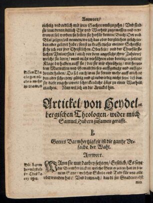 Artickel/ von Heydelbergischen Theologen/ wider mich Samuel Hubern zusamen gerafft.