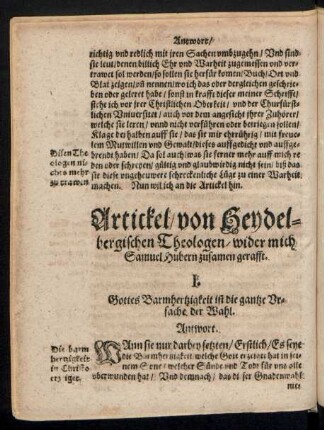 Artickel/ von Heydelbergischen Theologen/ wider mich Samuel Hubern zusamen gerafft.