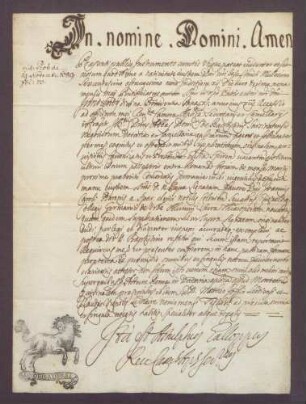 Attestat des päpstlichen Kammersekretärs Arnulf Callopus über die Bewerbung des Johann Karl von Spar um eine erledigte Dompfründe zu Speyer.