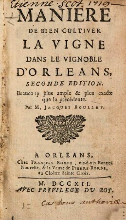 Manière de bien cultiver la Vigne dans le vignoble d'Orleans
