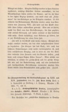 491-492 [Rezension] Kirsch, Johann Peter, Die Finanzverwaltung des Kardinalkollegiums im XIII. und XIV. Jahrhundert