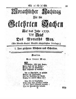 Monathlicher Nachtrag [...] Auf das Jahr 1777. Vtes Stück Des Monaths May