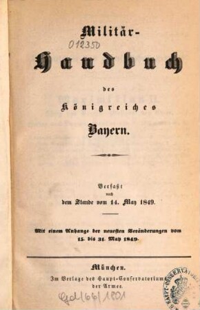 Militär-Handbuch des Königreiches Bayern. 1849