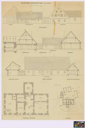 Reyersdorf ([Landkreis Habelschwerdt]): Hof Jaschke. - Wohnhaus (Süd-Giebel-Ansicht, Querschnitt, Zerchgiebel-Längsschnitt, West-Seiten-Ansicht, Grundriss [des Erdgeschosses]). - Einfahrtstor (Süd-Ansicht, [Nord-]Ansicht). - Auszüglerhaus (Süd-Seiten-Ansicht, [Nord-]Seiten-Ansicht, Querschnitt, Grundriss). - Scheune (Süd-Giebel-Ansicht, Querschnitt, Grundriss). - Schuppen (Querschnitt, Grundriss). - Lageplan mit Scheune (Grundriss), Schuppen (Grundriss), Wohnhaus (Grundriss), Auszüglerhaus (Grundriss), Dungstätte. - Einfahrtstor 2 (West-Seiten-Ansicht)