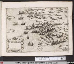 Landkarte mit Stadtansicht von Modon/Methoni unter osmanischen Beschuss.