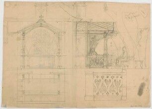 Thiersch, August ; München - Nymphenburg ; Kapelle an der Schwaige, Projekt - Ansicht, Schnitt, Detail