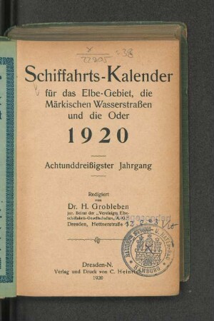 38.1920: Schiffahrts-Kalender für das Elbe-Gebiet und die Märkischen Wasserstrassen