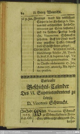 Curieuser Geschichts-Calender Des VI. Superintendentens zu Leipzig D. Vincentii Schmucks