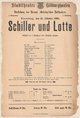 Theaterzettel zur Aufführung des Lustspiels "Schiller und Lotte. von Wilhelm Henzen" in der Spielzeit 1893/94 des Herzoglichen Sachsen-Meiningischen Hoftheaters im Stadttheater Hildburghausen.