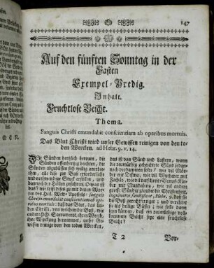 Auf den fünften Sonntag in der Fasten Exempel-Predig. Inhalt. Fruchtlose Beicht