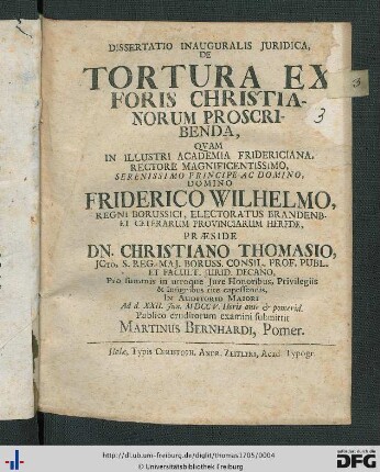 Dissertatio Inauguralis Juridica, De Tortura Ex Foris Christianorum Proscribenda