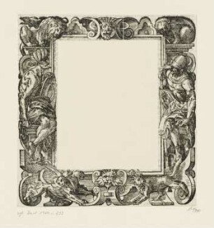 Bordüre mit Figuren und Tieren, aus: Paolo Giovio, PAVLI IOVII NOVOCOMENSIS EPISCOPI NVCERINI Elogia Vironum bellica virtute illustrium [...], Basel 1575, S. 1
