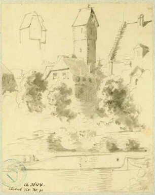 Eberbach Blick vom Neckar auf Mantelturm und Thalheim'sche Haus