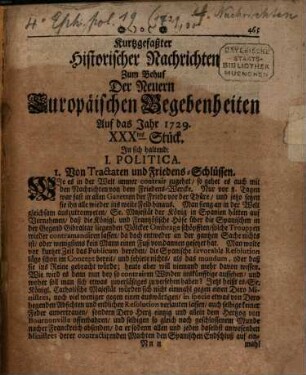 Kurtz-gefasster historischer Nachrichten zum Behuf der neuern europäischen Begebenheiten ... Stück : auf das Jahr ... 1729. Stück 30