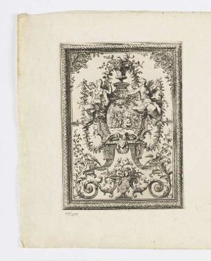 Schmuckrahmen um ein Medaillon mit Stieropfer, aus: "Oeuvre du sieur D. Marot, architecte de Guillaume III, roy de la Grande Bretagne"