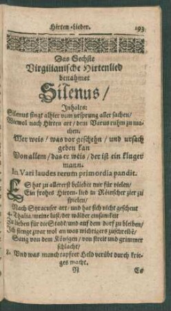 Das Sechste Virgilianische Hirtenlied benahmet Silenus/