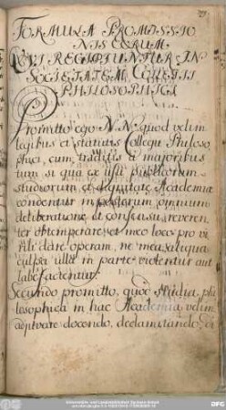 Formula Promissionis Eorum Qui Recipiuntur In Societatem Collegii Philosophici