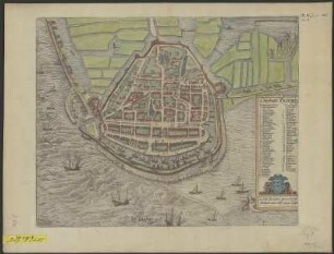 Stadtplan von Enkhuizen, Kupferstich, 1581 : Die Stadt Enchuijsen = La ville d'Enchuse / [Stecher: Franz Hogenberg. Hrsg.: Georg Braun.] - [Coloniae Agrippiae] : [Auctores] , [1581]. - 1 Plan : col. Kupferst. ; 43 x 35 cm