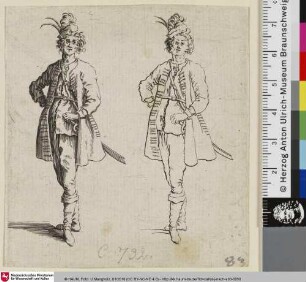 [Zwei Darstellungen eines ungarischen Soldaten nebeneinander, ausgeführt und als Strichzeichnung; Deux figures du même homme]