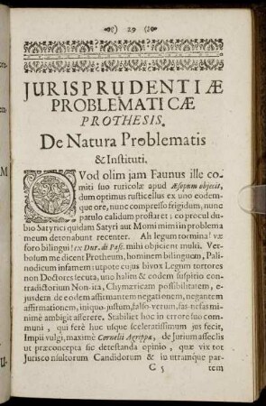Jurisprudentiae Problematicae Prothesis. De Natura Problematis & Instituti