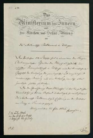Gesuch, im nächsten Sommersemester nur eine Vorlesung halten zu dürfen (Febr. 1846)