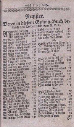 Register Derer in diesem Gesang-Buch befindlichen Lieder nach dem A.B.C.