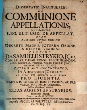 Dissertatio Inauguralis, De Communione Appellationis, Occasione Leg. Ult. Cod. De Appellat.