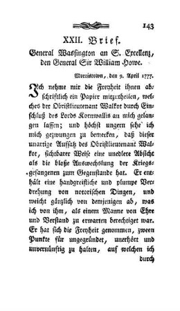 XXII. Brief - Schreiben des Generals Wassington an den General Howe