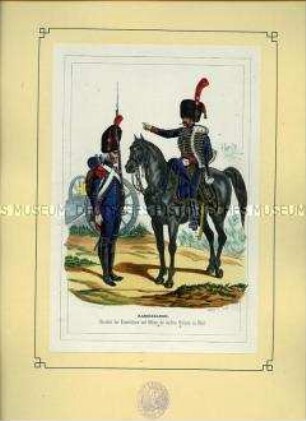 Uniformdarstellung, Kanonier der Fuß-Artillerie und Offizier der Leichten Artillerie zu Pferd der Kaisergarde, Frankreich, 1804. Aus: Bellangé: Die Soldaten der französischen Republik und des Kaiserreichs.
