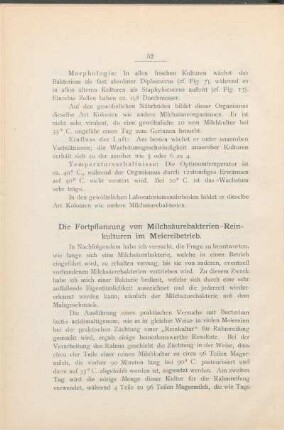 Die Fortpflanzung von Milchsäurebakterien-Reinkulturen im Meiereibetrieb.