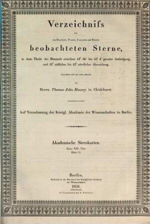 Verzeichniss der von Bradley, Piazzi, Lalande und Bessel beobachteten Sterne. 15. 1831