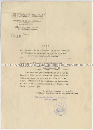 Meldeaufforderung der Militärregierung der französischen Besatzungszone an einen ehemaligen Angehörigen der Wehrmacht