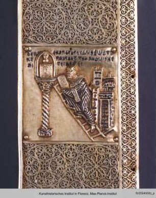 Mandylion : Äußerer Paläologischer Rahmen mit Szenen der Mandylion-Legende : Abgar tauscht das Götzenbild gegen das Mandylion vor den Toren der Stadt aus