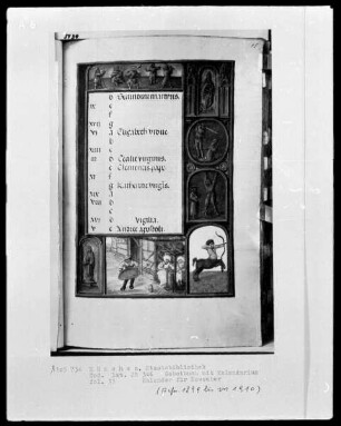 Gebetbuch mit Kalendarium — Buchseite mit Monatsbild November und Tierkreiszeichen, Folio 15recto