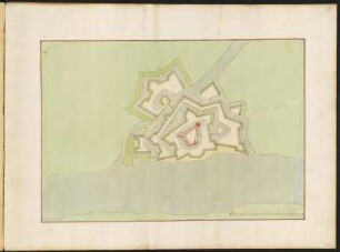 Festungsplan von Gennep in den Niederlande, kolorierter Handzeichnung, vor 1695 : Gennep [Festungsplan] / [Johann George Starck]. [S.l., S.a.].- [nach 1695] - 1 Plan : Handzeichng. ; 47,0 x 32,3 cm.