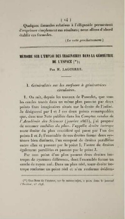 Mémoire sur l'emploi des imaginaires dans la géométrie de l'espace.